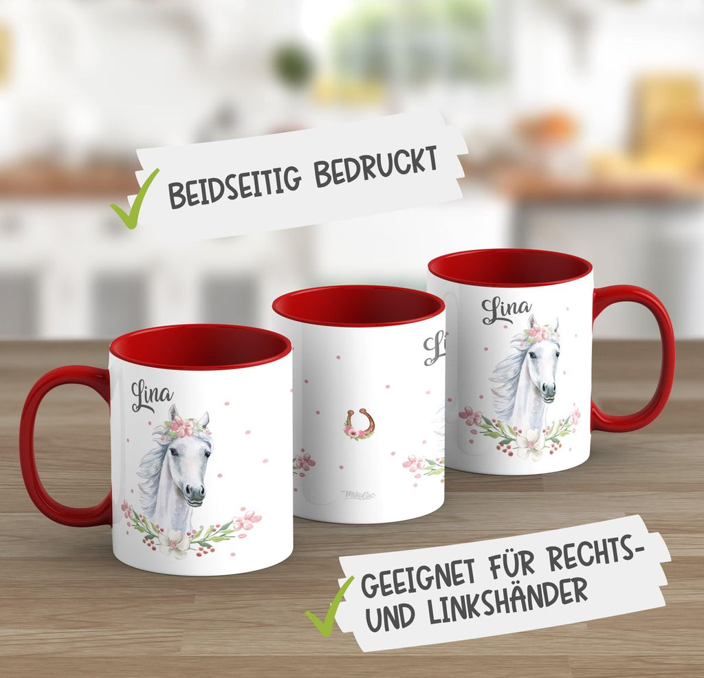 Keramik Tasse Weißes Pferd mit Blumenranke und Wunschname - von Mikalino