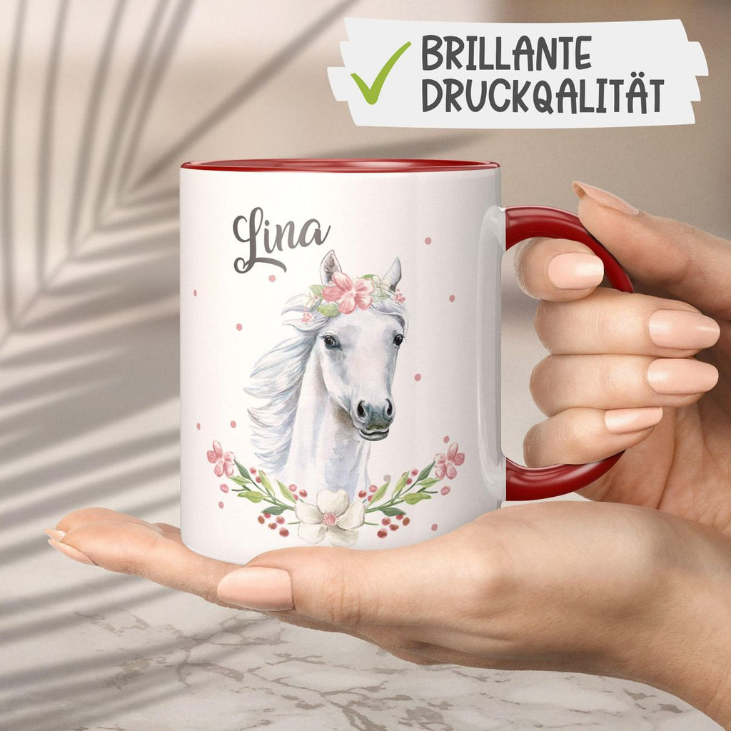 Keramik Tasse Weißes Pferd mit Blumenranke und Wunschname - von Mikalino