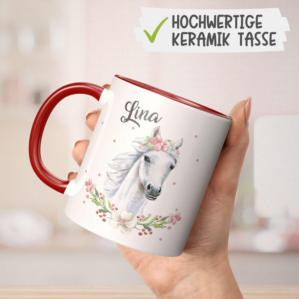 Keramik Tasse Weißes Pferd mit Blumenranke und Wunschname - von Mikalino