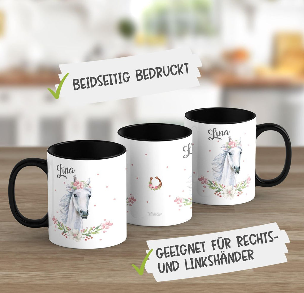 Keramik Tasse Weißes Pferd mit Blumenranke und Wunschname - von Mikalino