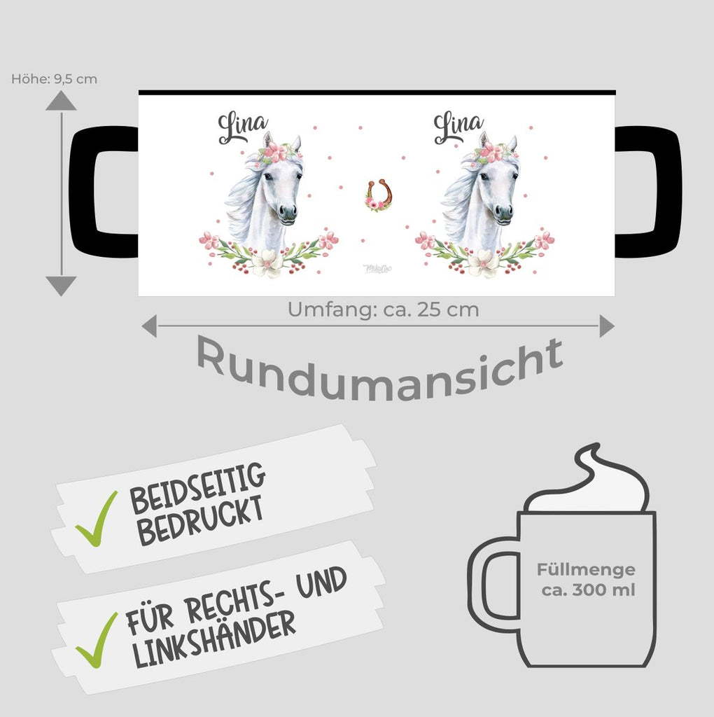 Keramik Tasse Weißes Pferd mit Blumenranke und Wunschname - von Mikalino