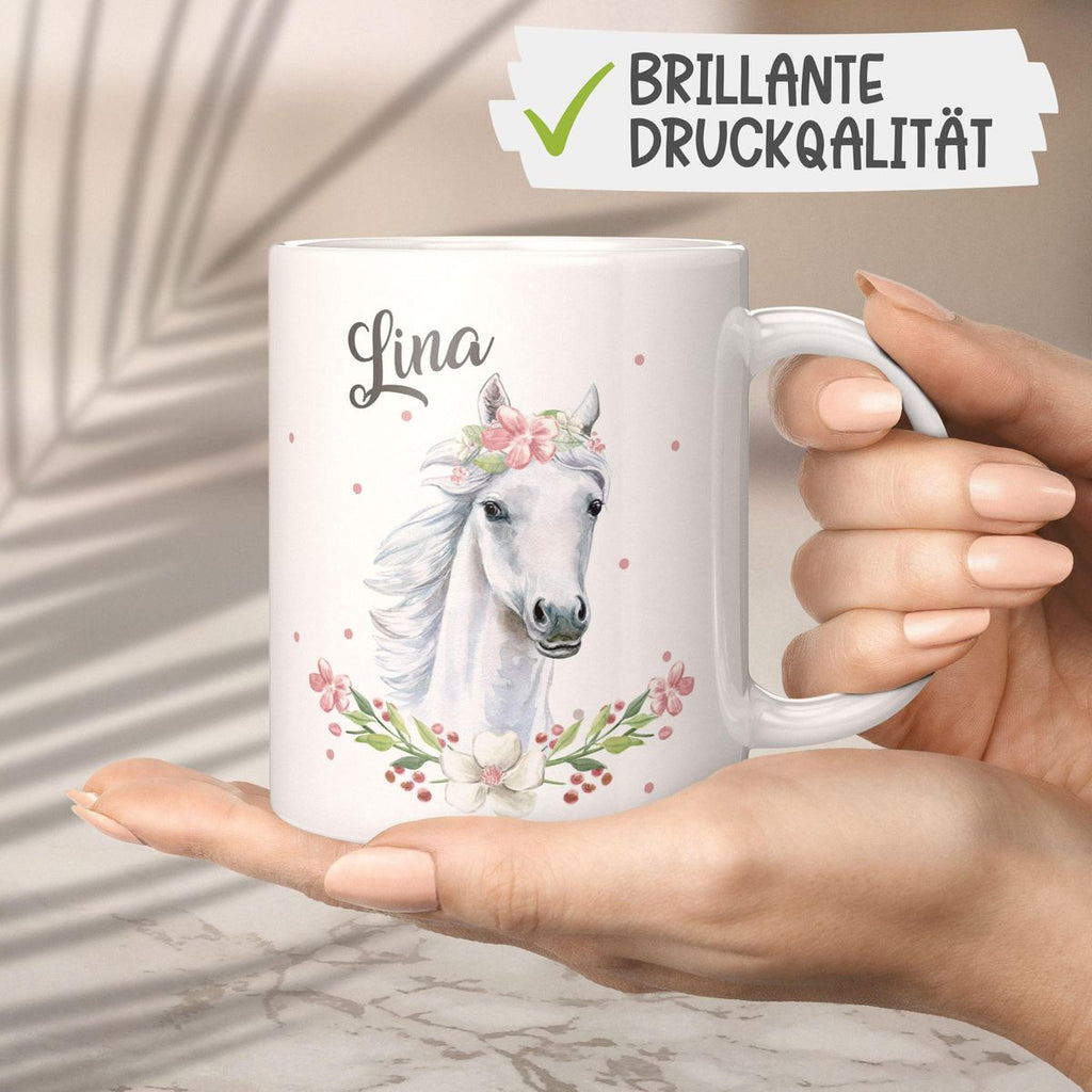 Keramik Tasse Weißes Pferd mit Blumenranke und Wunschname - von Mikalino