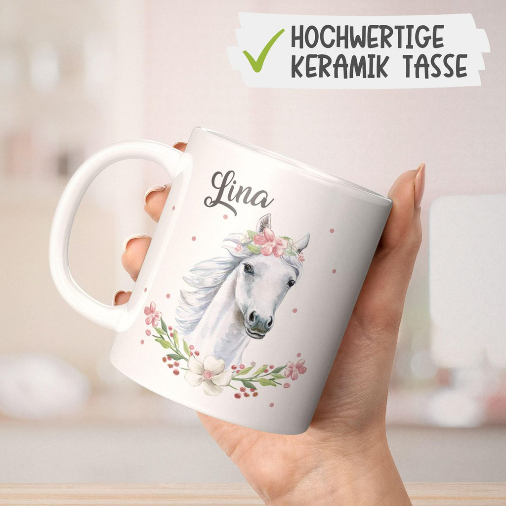 Keramik Tasse Weißes Pferd mit Blumenranke und Wunschname - von Mikalino