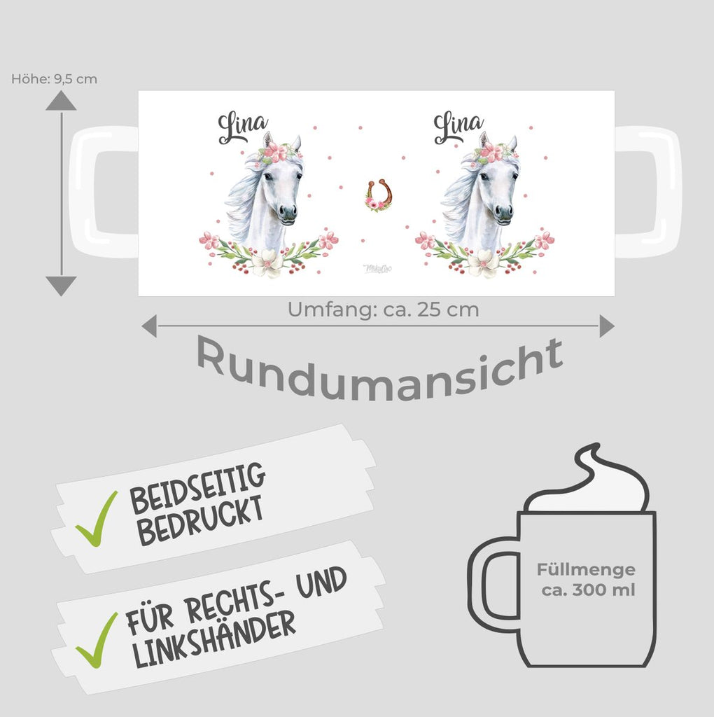 Keramik Tasse Weißes Pferd mit Blumenranke und Wunschname - von Mikalino