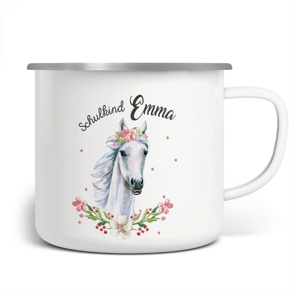 Emaille Tasse Schulkind Weißes Pferd mit Blumenranke und Wunschname - von Mikalino