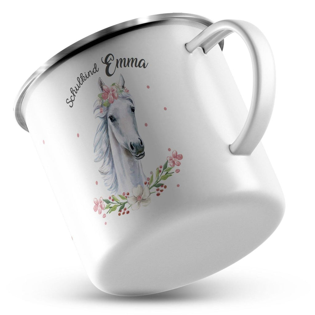 Emaille Tasse Schulkind Weißes Pferd mit Blumenranke und Wunschname - von Mikalino