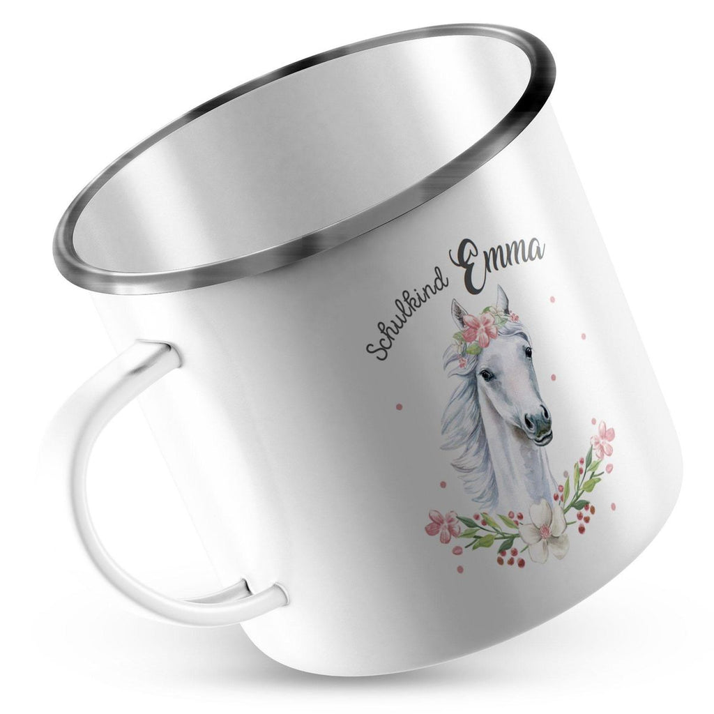 Emaille Tasse Schulkind Weißes Pferd mit Blumenranke und Wunschname - von Mikalino