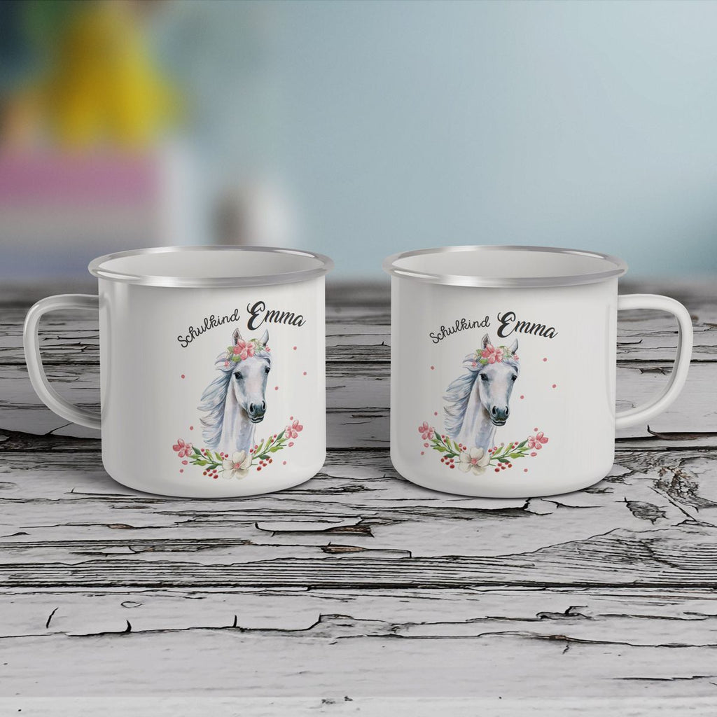 Emaille Tasse Schulkind Weißes Pferd mit Blumenranke und Wunschname - von Mikalino