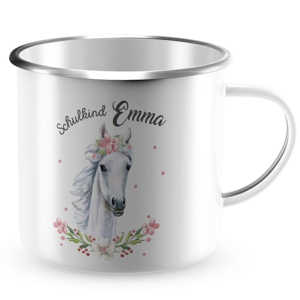 Emaille Tasse Schulkind Weißes Pferd mit Blumenranke und Wunschname - von Mikalino