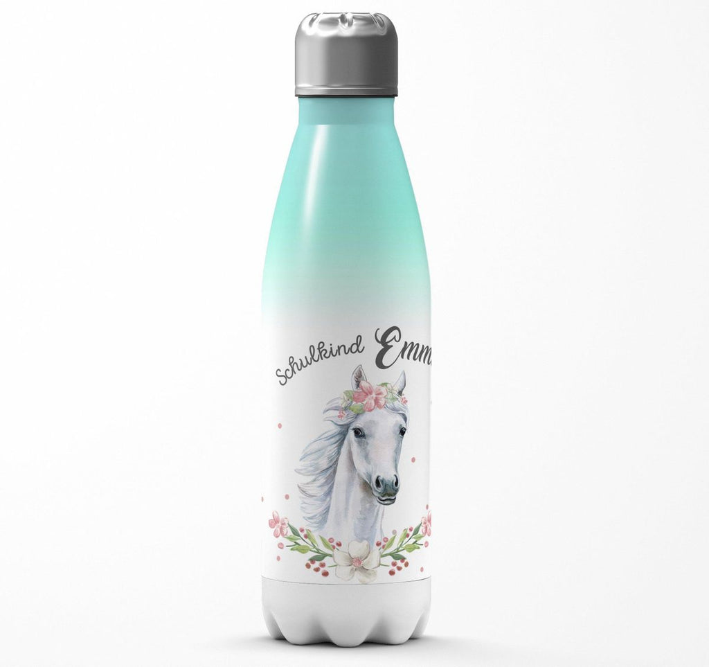 Thermo Trinkflasche Schulkind Weißes Pferd mit Blumenranke und Wunschname - von Mikalino