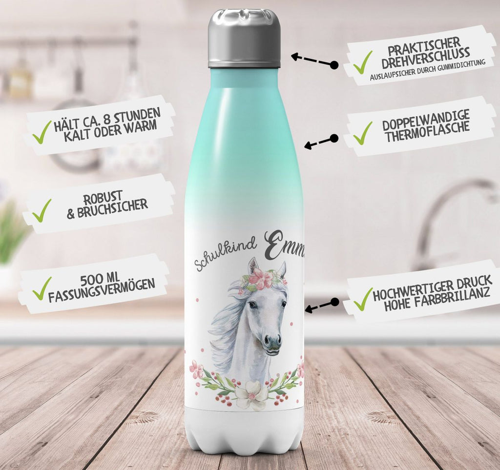 Thermo Trinkflasche Schulkind Weißes Pferd mit Blumenranke und Wunschname - von Mikalino