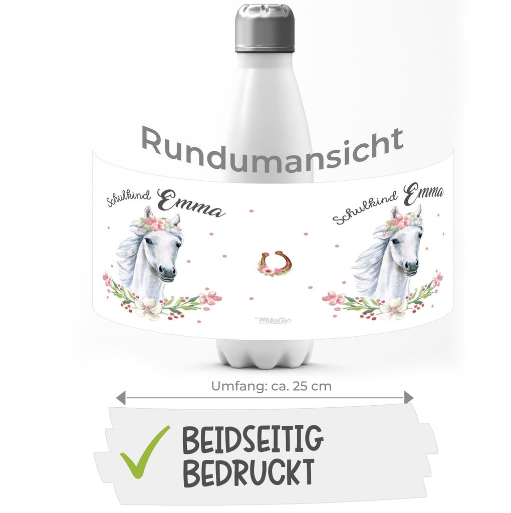 Thermo Trinkflasche Schulkind Weißes Pferd mit Blumenranke und Wunschname - von Mikalino