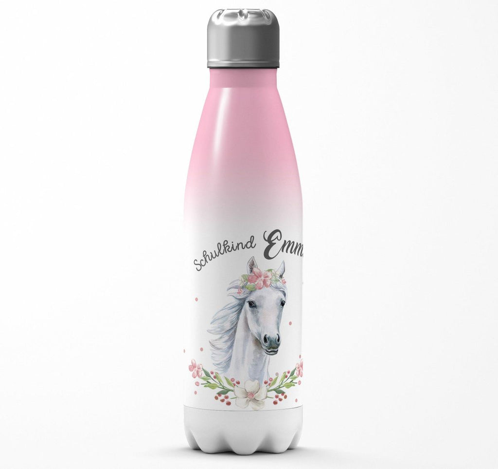 Thermo Trinkflasche Schulkind Weißes Pferd mit Blumenranke und Wunschname - von Mikalino