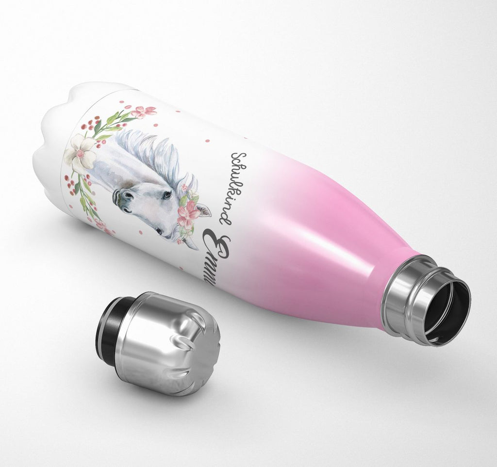 Thermo Trinkflasche Schulkind Weißes Pferd mit Blumenranke und Wunschname - von Mikalino