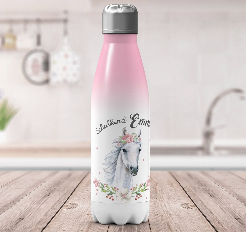 Thermo Trinkflasche Schulkind Weißes Pferd mit Blumenranke und Wunschname - von Mikalino