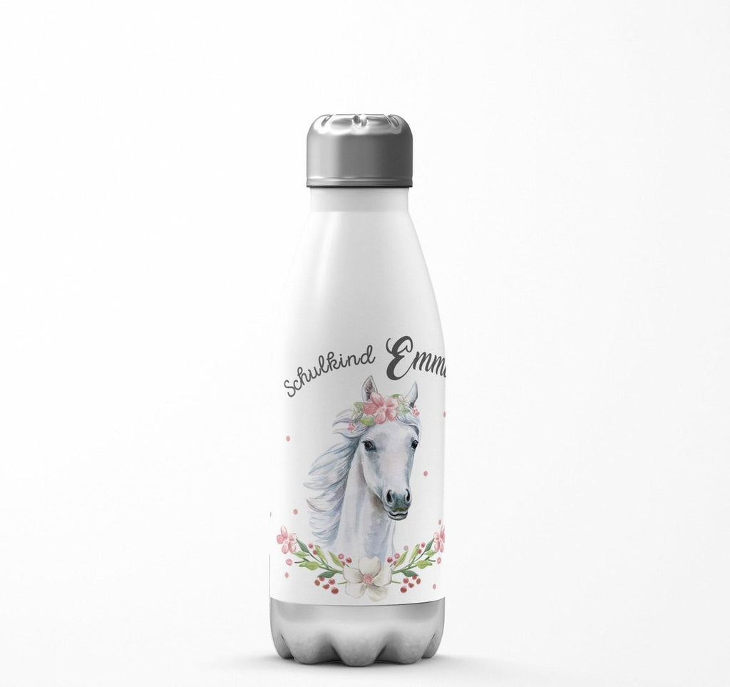 Thermo Trinkflasche Schulkind Weißes Pferd mit Blumenranke und Wunschname - von Mikalino