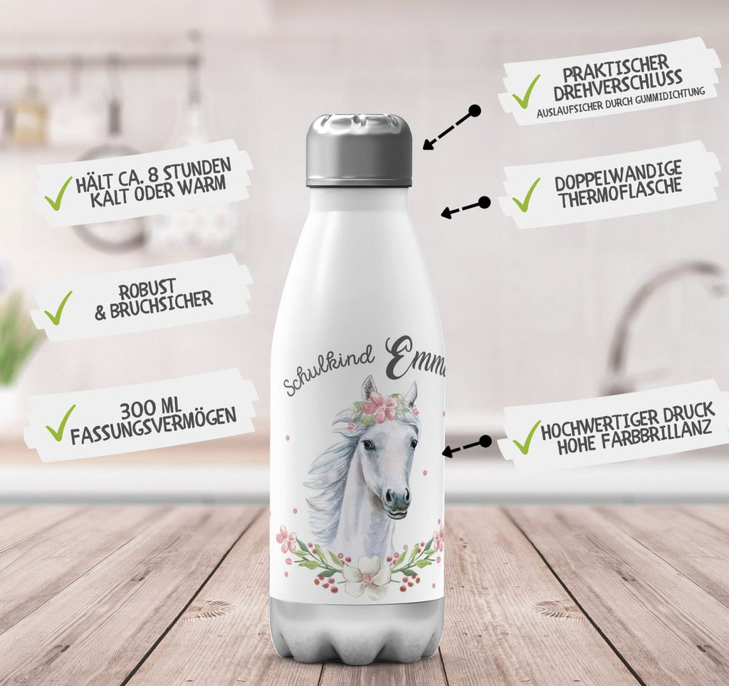 Thermo Trinkflasche Schulkind Weißes Pferd mit Blumenranke und Wunschname - von Mikalino