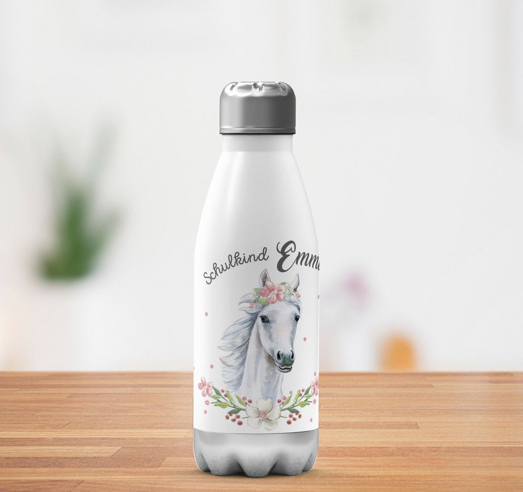 Thermo Trinkflasche Schulkind Weißes Pferd mit Blumenranke und Wunschname - von Mikalino