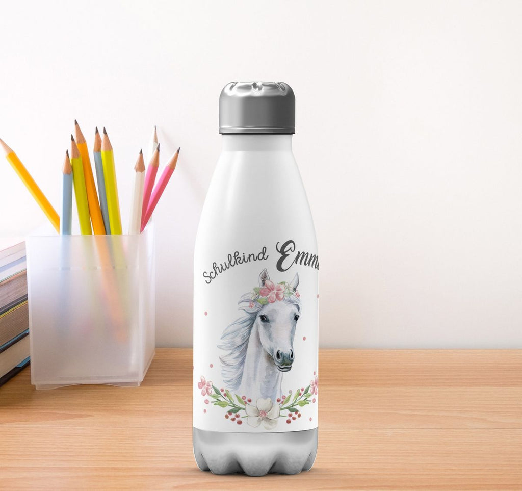 Thermo Trinkflasche Schulkind Weißes Pferd mit Blumenranke und Wunschname - von Mikalino