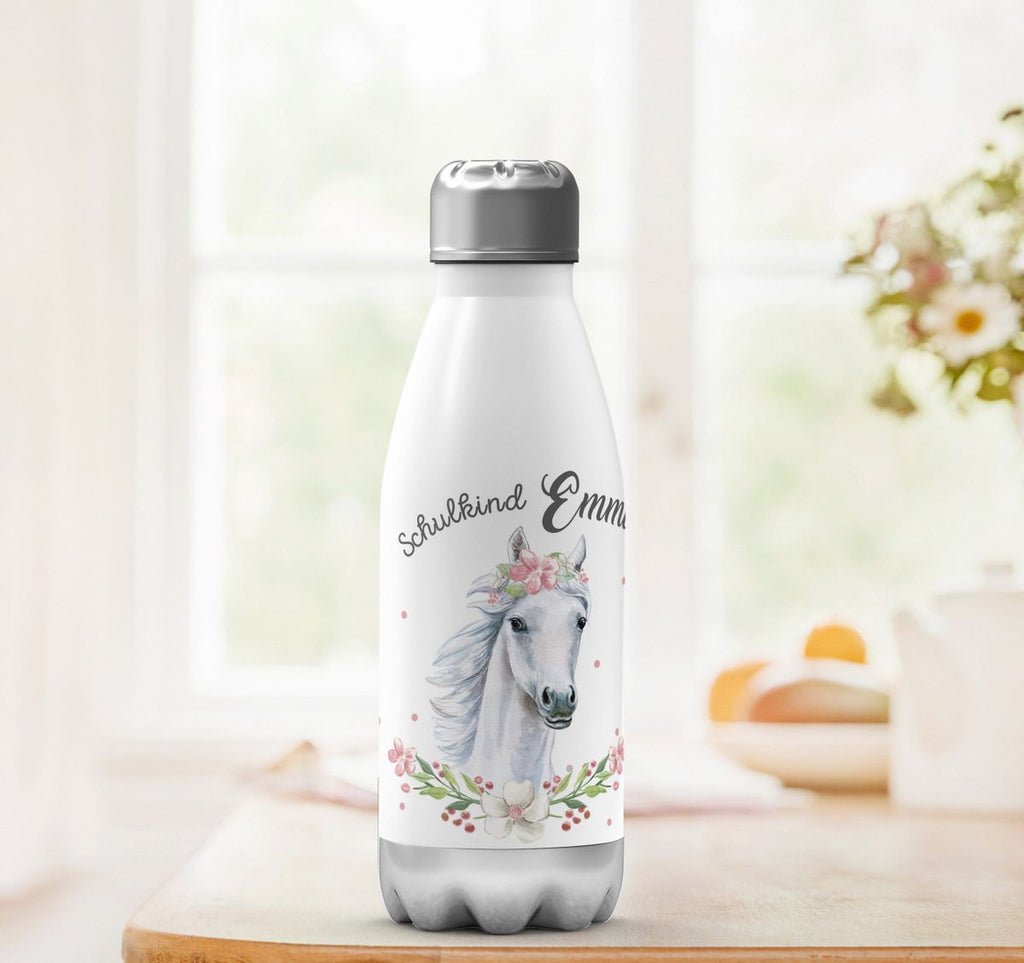 Thermo Trinkflasche Schulkind Weißes Pferd mit Blumenranke und Wunschname - von Mikalino