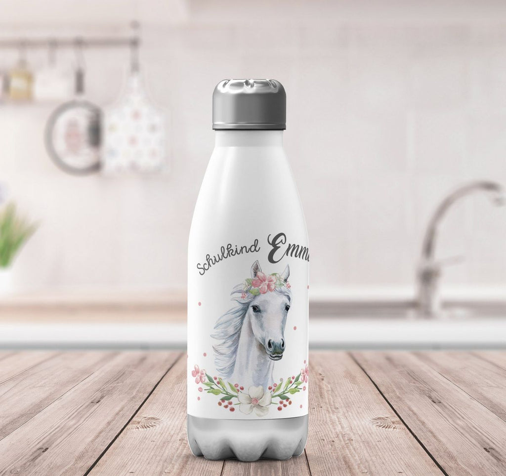 Thermo Trinkflasche Schulkind Weißes Pferd mit Blumenranke und Wunschname - von Mikalino