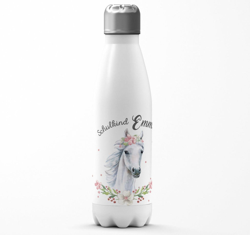 Thermo Trinkflasche Schulkind Weißes Pferd mit Blumenranke und Wunschname - von Mikalino