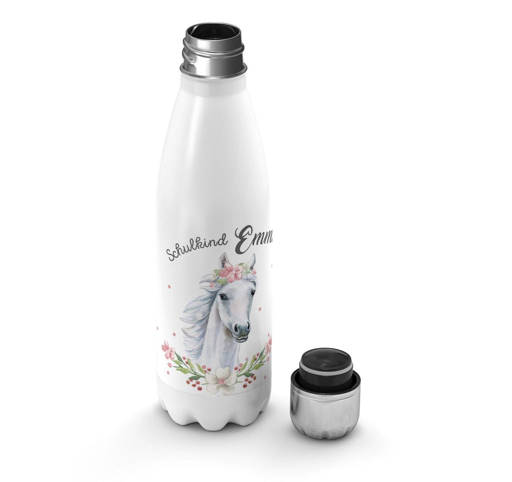 Thermo Trinkflasche Schulkind Weißes Pferd mit Blumenranke und Wunschname - von Mikalino