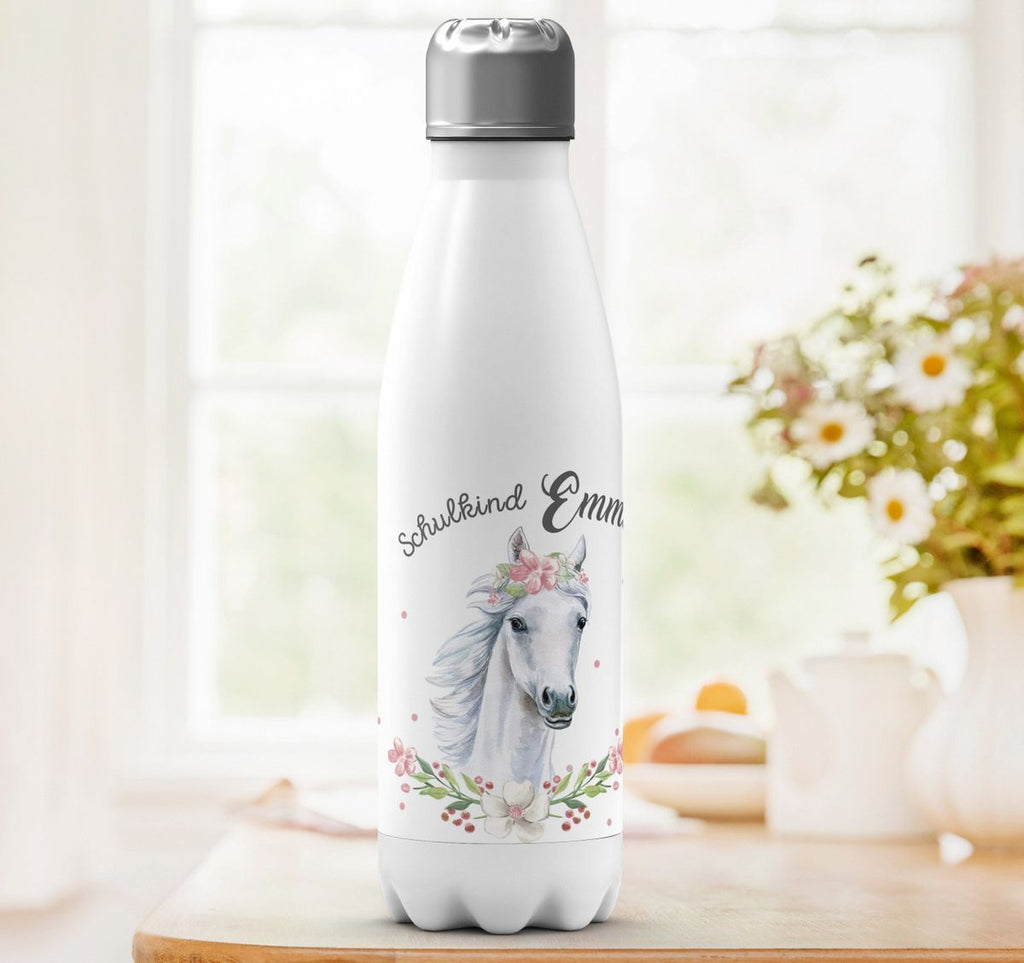 Thermo Trinkflasche Schulkind Weißes Pferd mit Blumenranke und Wunschname - von Mikalino