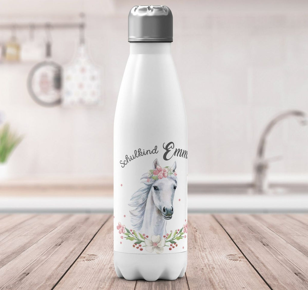 Thermo Trinkflasche Schulkind Weißes Pferd mit Blumenranke und Wunschname - von Mikalino