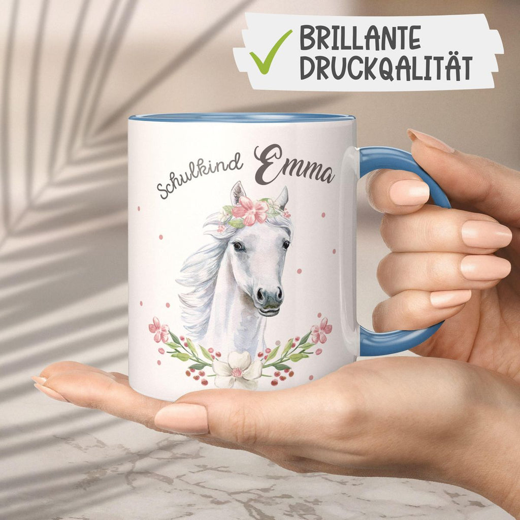 Keramik Tasse Schulkind Weißes Pferd mit Blumenranke und Wunschname - von Mikalino