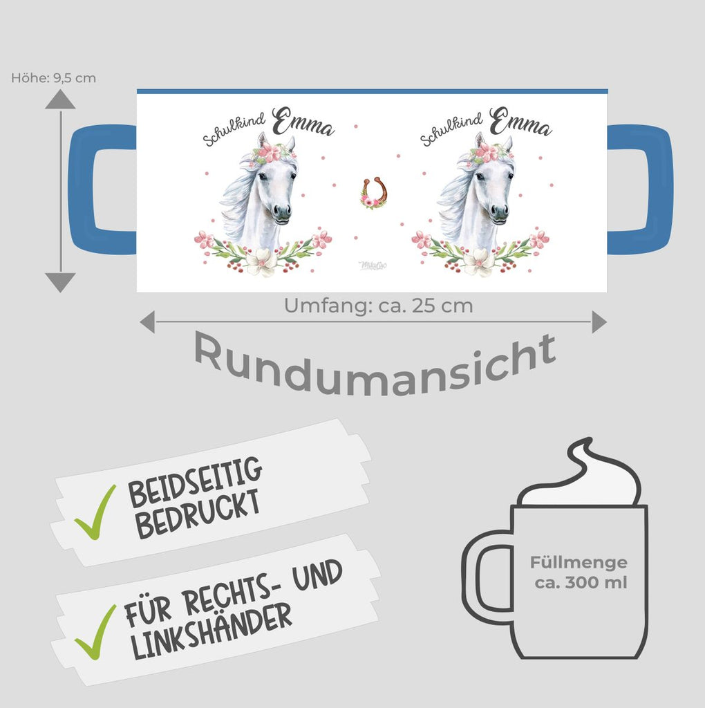 Keramik Tasse Schulkind Weißes Pferd mit Blumenranke und Wunschname - von Mikalino