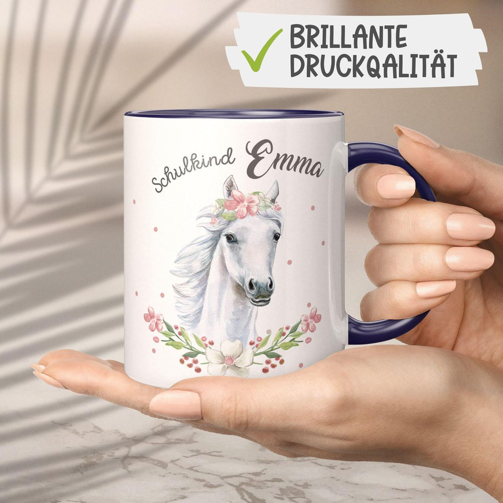 Keramik Tasse Schulkind Weißes Pferd mit Blumenranke und Wunschname - von Mikalino