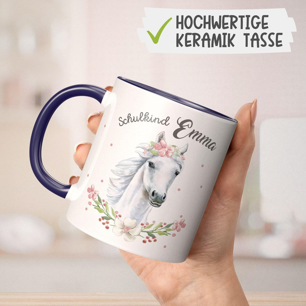 Keramik Tasse Schulkind Weißes Pferd mit Blumenranke und Wunschname - von Mikalino