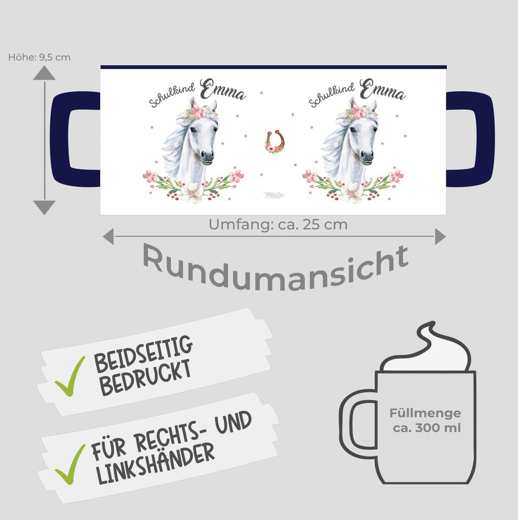 Keramik Tasse Schulkind Weißes Pferd mit Blumenranke und Wunschname - von Mikalino