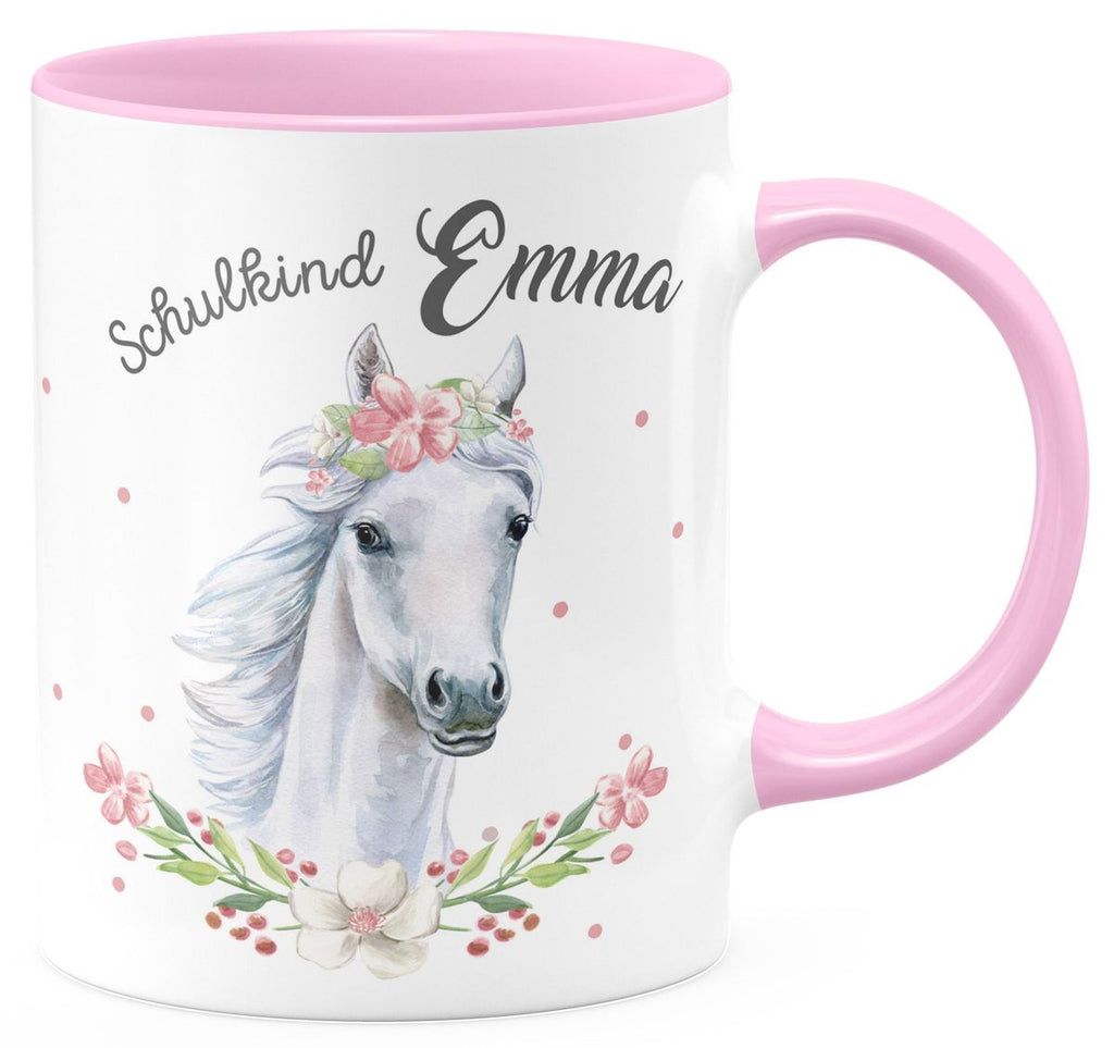 Keramik Tasse Schulkind Weißes Pferd mit Blumenranke und Wunschname - von Mikalino