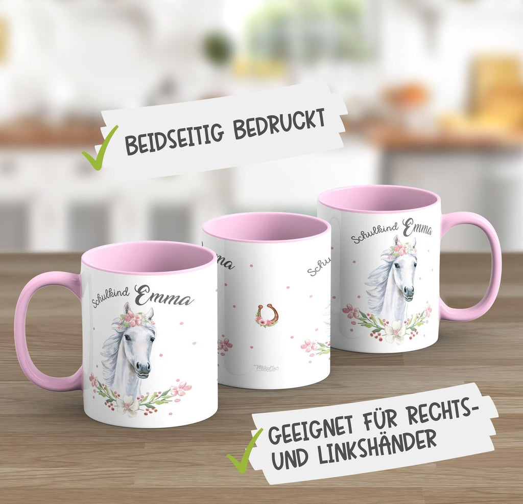 Keramik Tasse Schulkind Weißes Pferd mit Blumenranke und Wunschname - von Mikalino