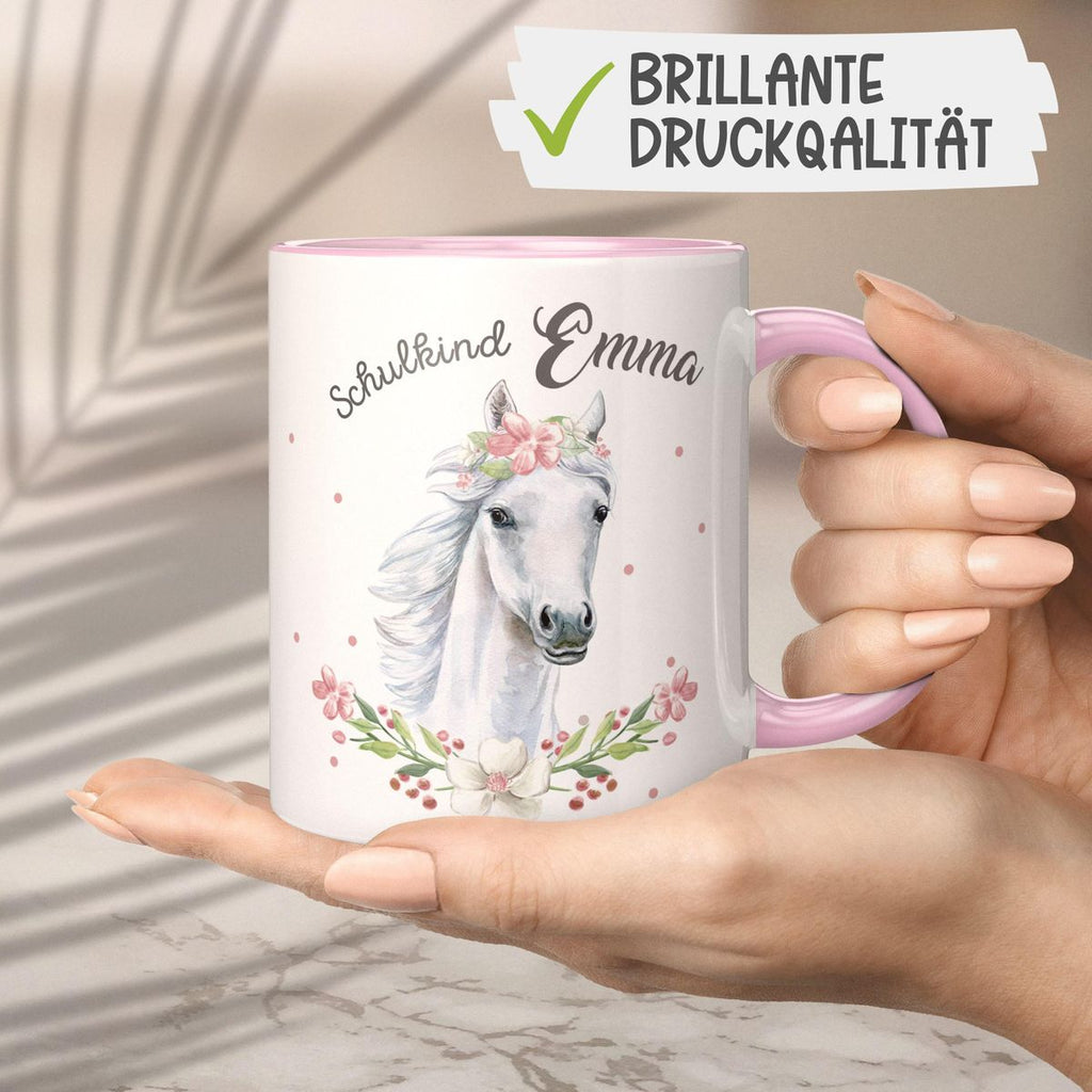 Keramik Tasse Schulkind Weißes Pferd mit Blumenranke und Wunschname - von Mikalino