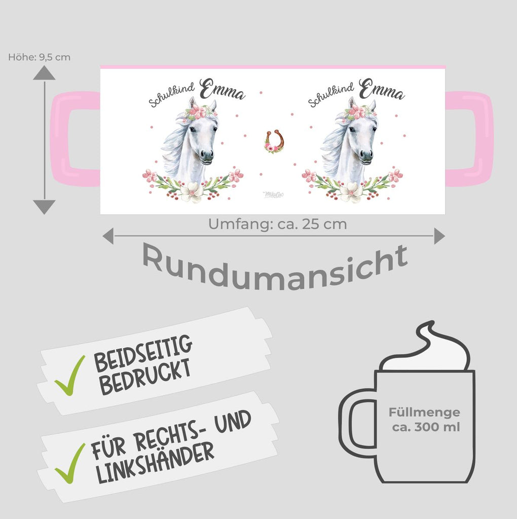 Keramik Tasse Schulkind Weißes Pferd mit Blumenranke und Wunschname - von Mikalino