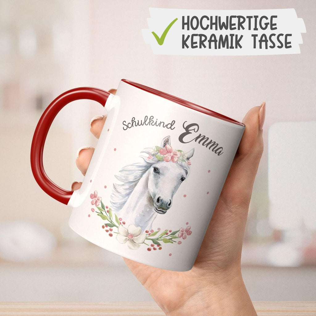 Keramik Tasse Schulkind Weißes Pferd mit Blumenranke und Wunschname - von Mikalino