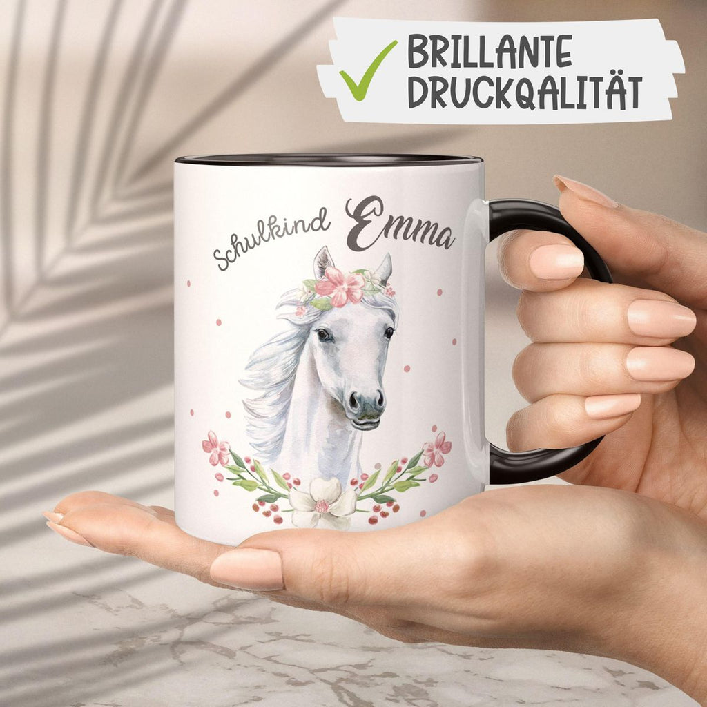 Keramik Tasse Schulkind Weißes Pferd mit Blumenranke und Wunschname - von Mikalino