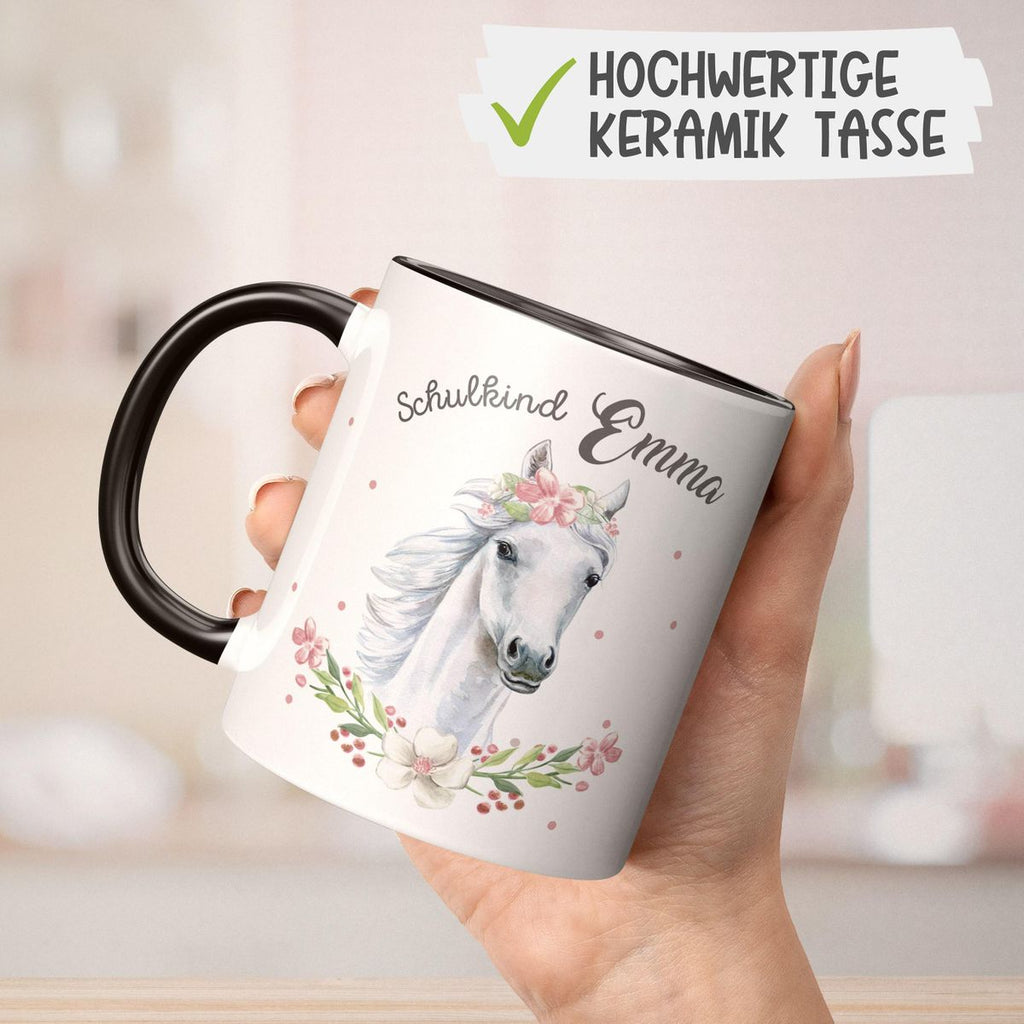 Keramik Tasse Schulkind Weißes Pferd mit Blumenranke und Wunschname - von Mikalino