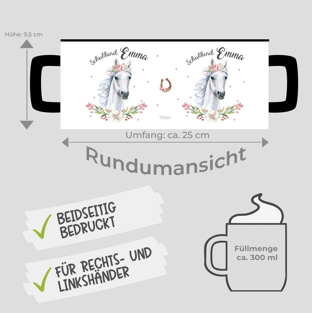 Keramik Tasse Schulkind Weißes Pferd mit Blumenranke und Wunschname - von Mikalino