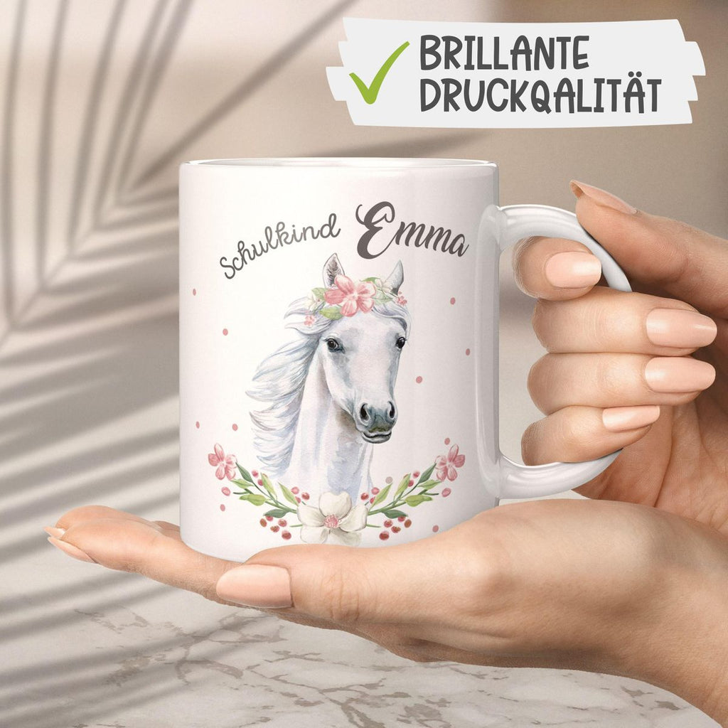 Keramik Tasse Schulkind Weißes Pferd mit Blumenranke und Wunschname - von Mikalino