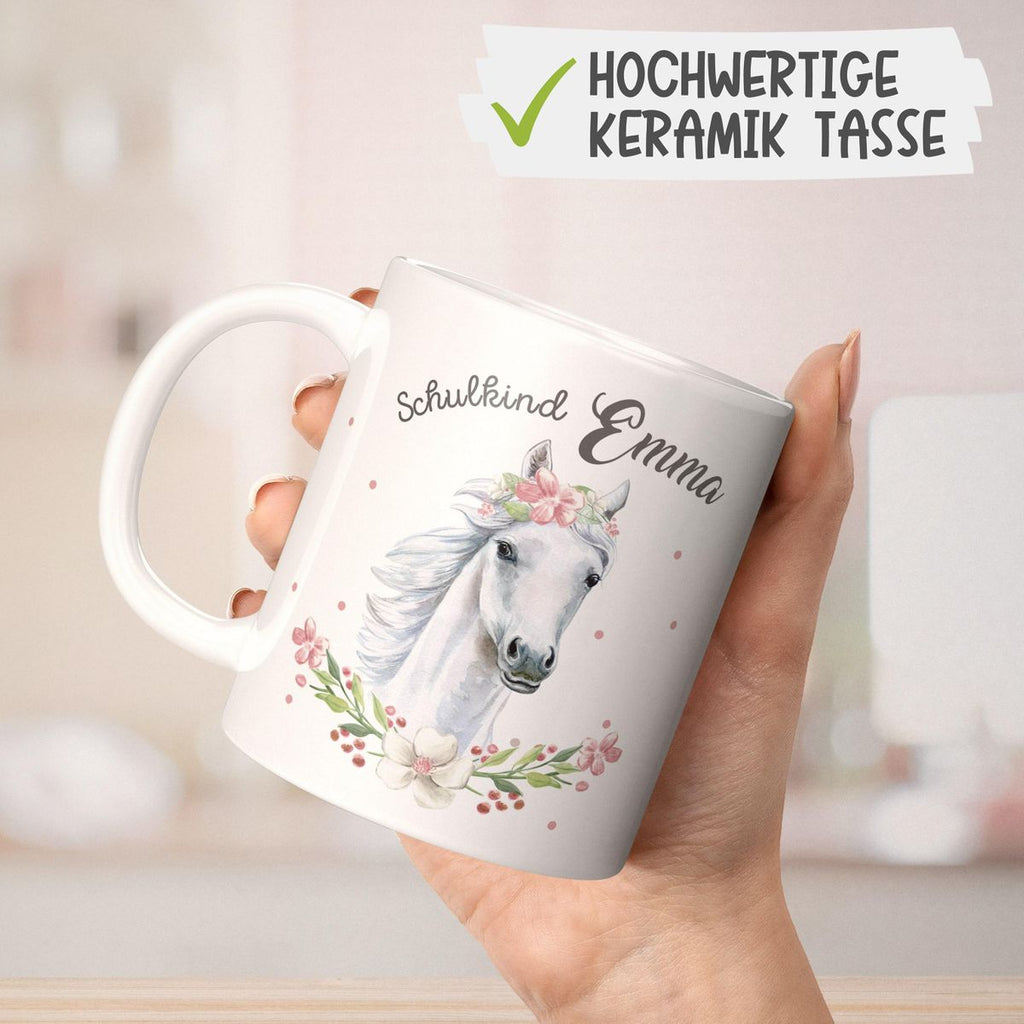 Keramik Tasse Schulkind Weißes Pferd mit Blumenranke und Wunschname - von Mikalino