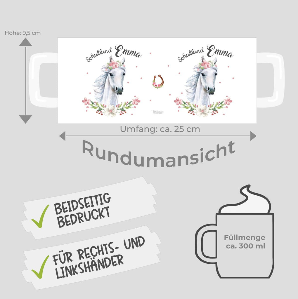 Keramik Tasse Schulkind Weißes Pferd mit Blumenranke und Wunschname - von Mikalino