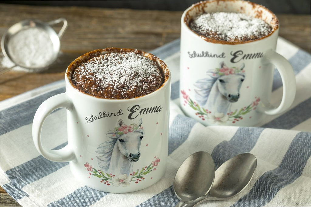 Keramik Tasse Schulkind Weißes Pferd mit Blumenranke und Wunschname - von Mikalino