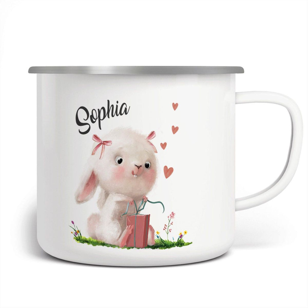 Emaille Tasse Niedlicher Hase mit Geschenk und Wunschname - von Mikalino