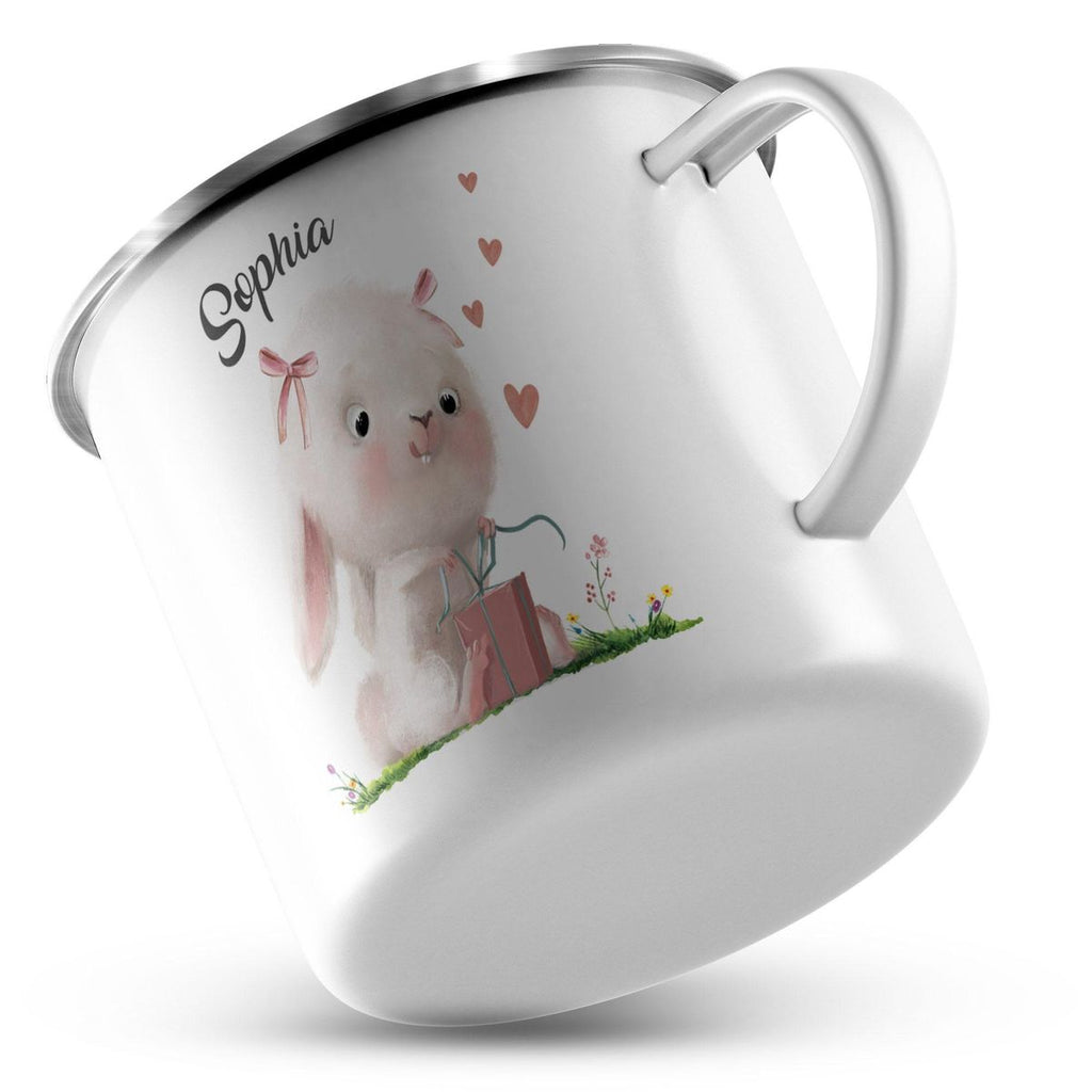 Emaille Tasse Niedlicher Hase mit Geschenk und Wunschname - von Mikalino