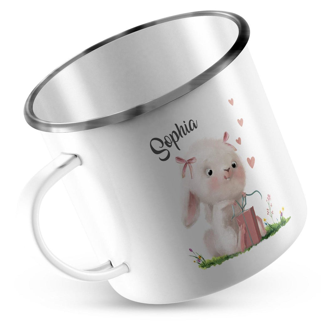 Emaille Tasse Niedlicher Hase mit Geschenk und Wunschname - von Mikalino