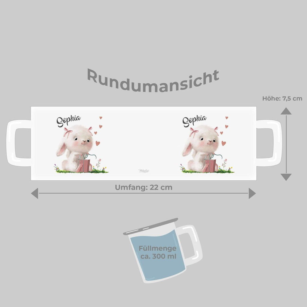 Emaille Tasse Niedlicher Hase mit Geschenk und Wunschname - von Mikalino